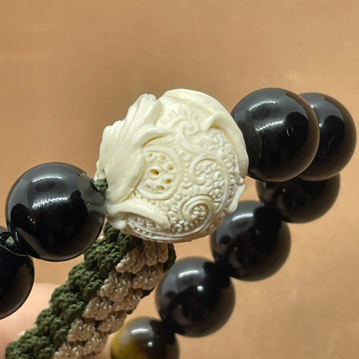 日本製 オニキス 虎の目 念珠 手彫り 数珠 マンモス象牙 髑髏 骸骨 スカル