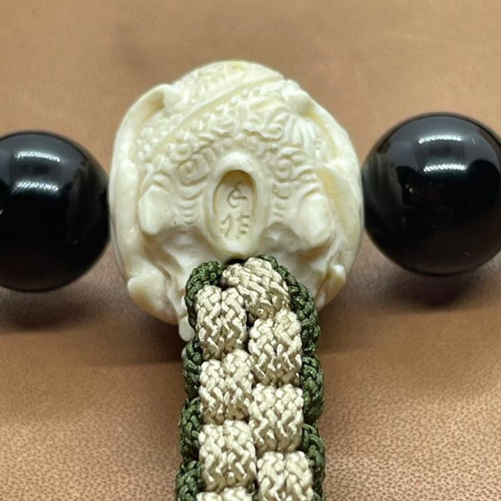 日本製 オニキス 虎の目 念珠 手彫り 数珠 マンモス象牙 髑髏 骸骨 スカル