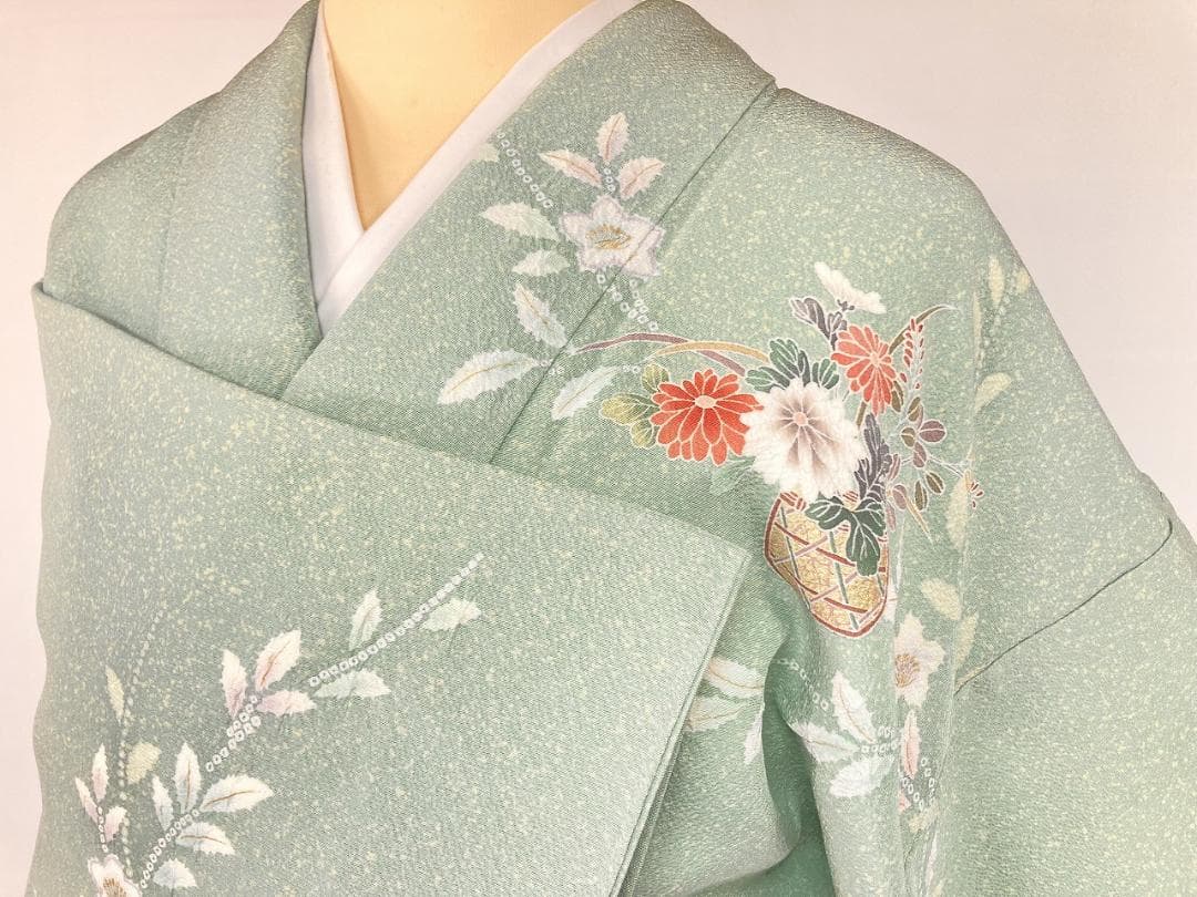 未使用 四季の花々 絞り 手描き友禅 訪問着 黄緑 黄色 パステル 1402