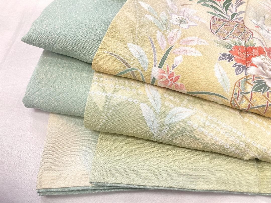 未使用 四季の花々 絞り 手描き友禅 訪問着 黄緑 黄色 パステル 1402