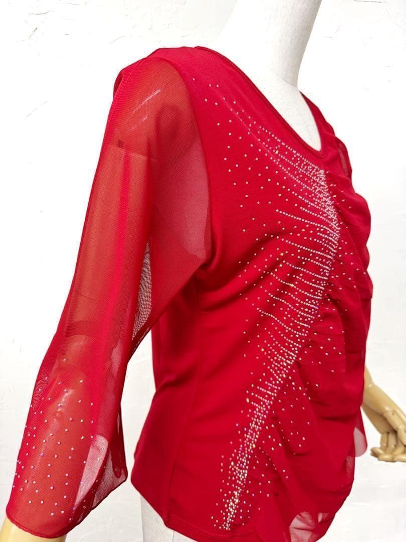 【ラインストーン】新品　赤　ゆったり　デザイン社交ダンスカットソー ｍ112