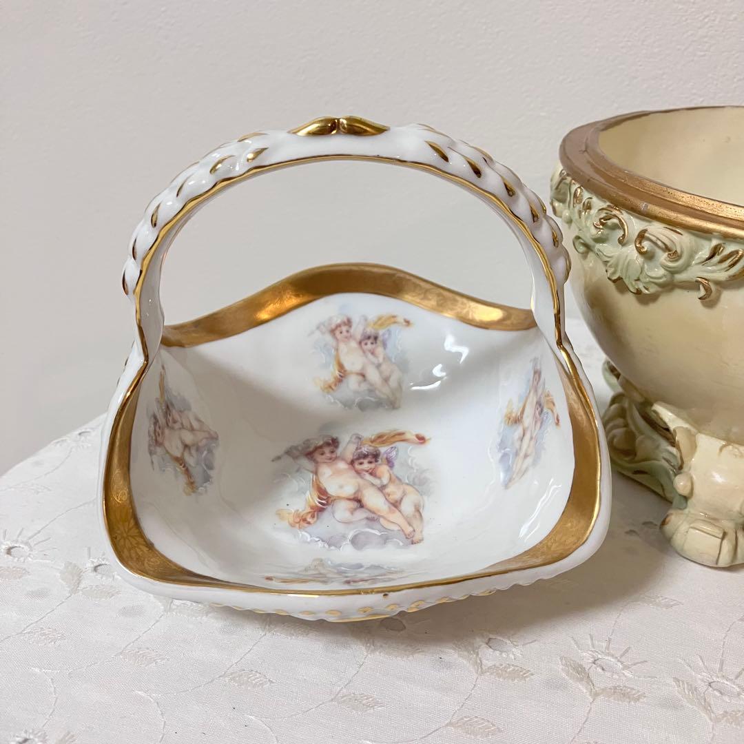 イタリア製 天使 エンジェル アンティーク調 置物 小物入れ／陶器製 バスケット