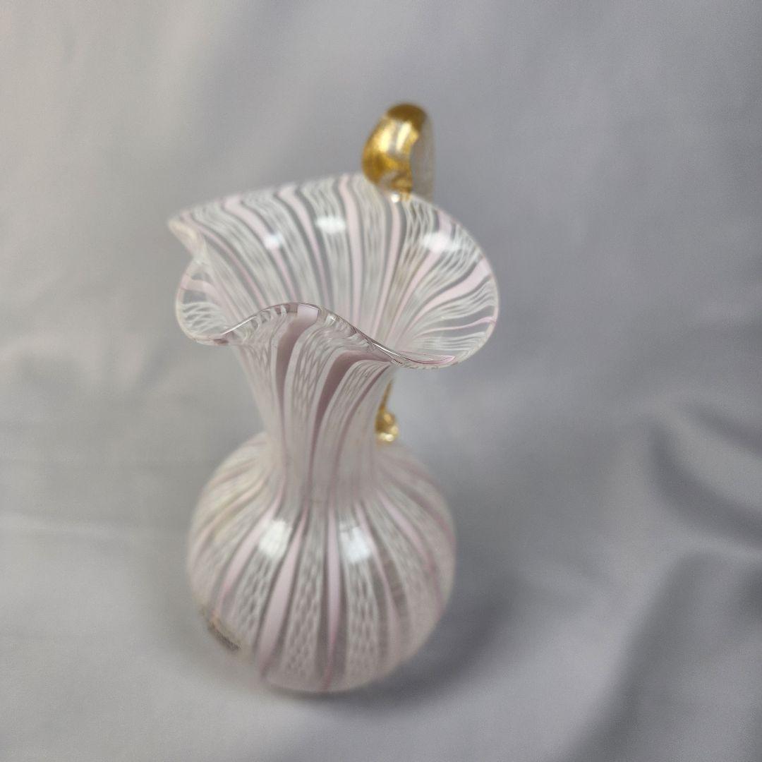 MURANO ITALY金彩 ピンクレースライン ピッチャー 花瓶