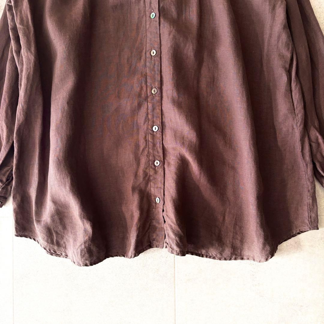 極美品✨️ネストローブ リネン100%ギャザー長袖シャツ F 茶色 貝ボタン