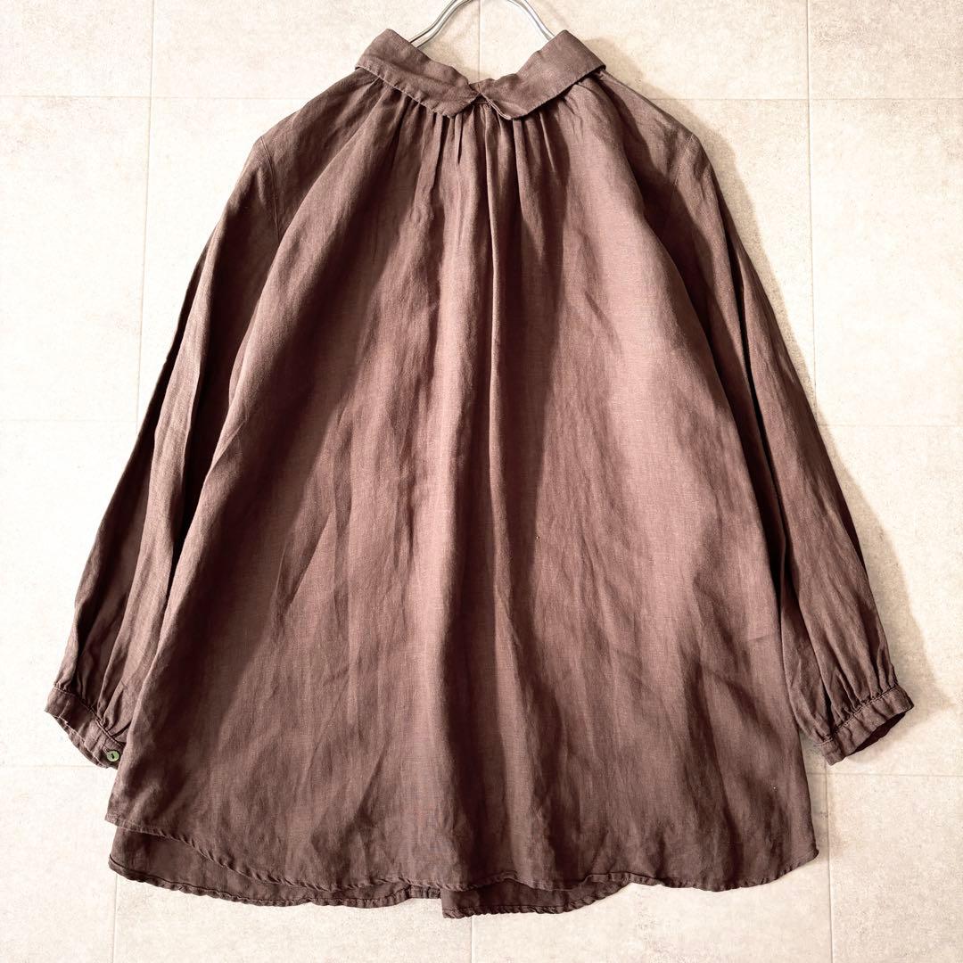 極美品✨️ネストローブ リネン100%ギャザー長袖シャツ F 茶色 貝ボタン