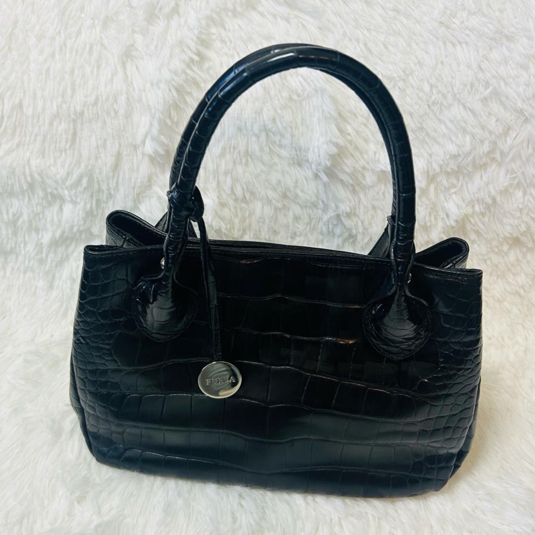 FULRA フルラ 本革 レザーハンドバッグ クロコ型押し ブラック
