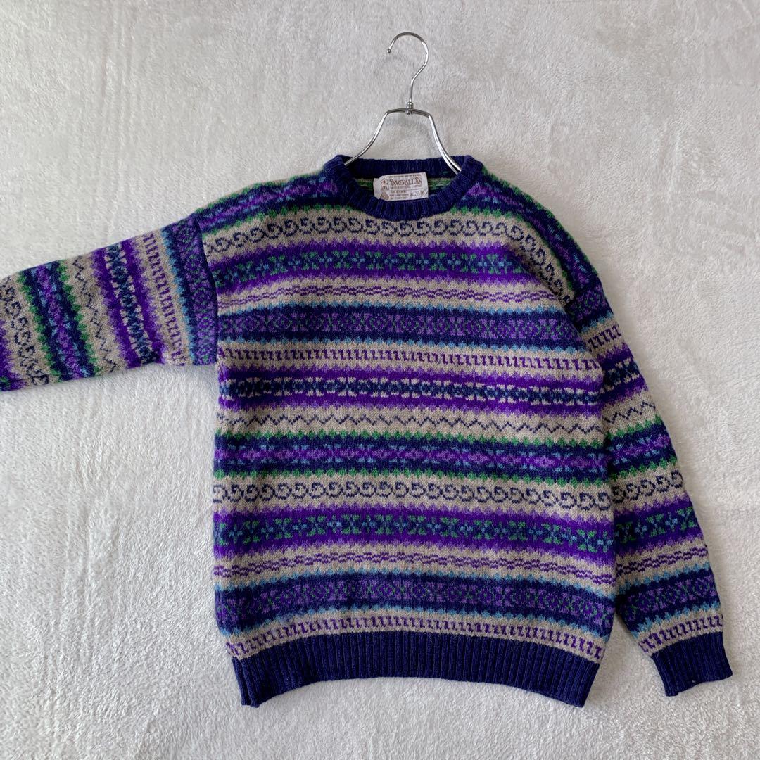 人気 スコットランド製 インバーアラン クルーネック ハンドニット 総柄 茶タグ