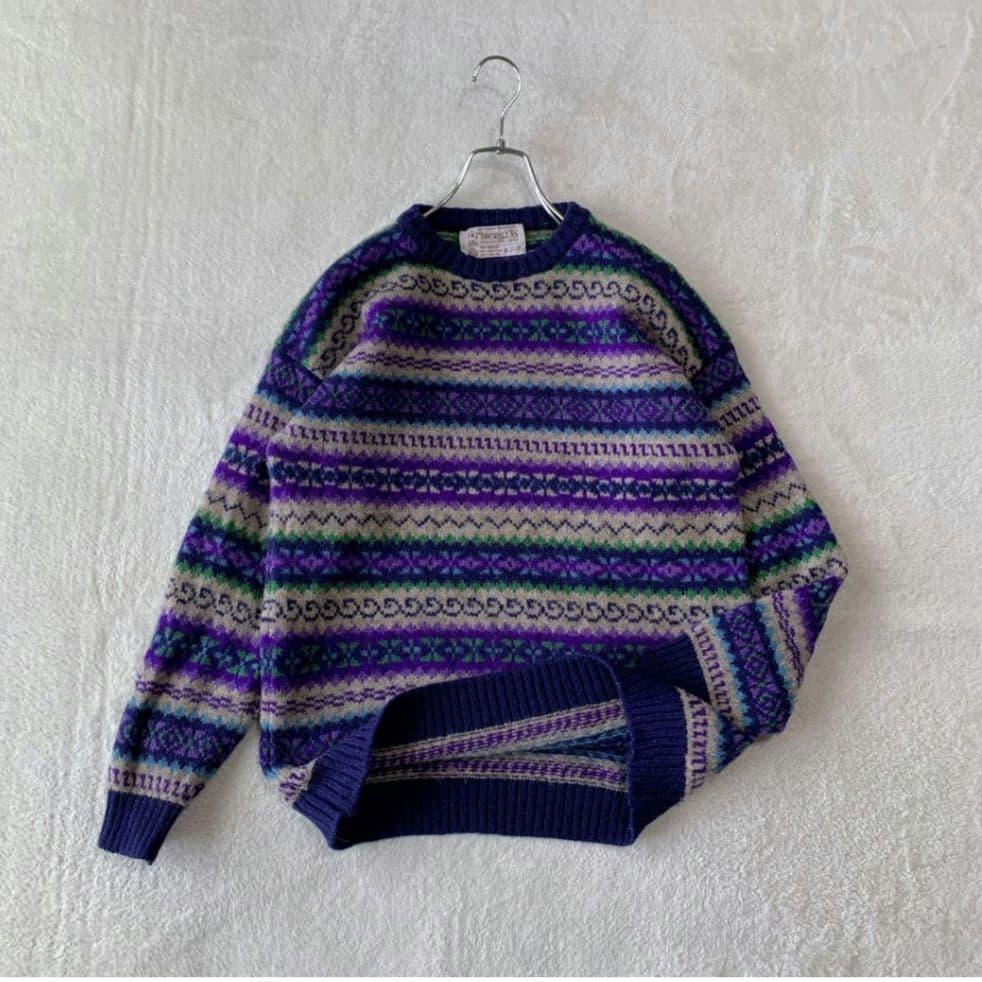 人気 スコットランド製 インバーアラン クルーネック ハンドニット 総柄 茶タグ