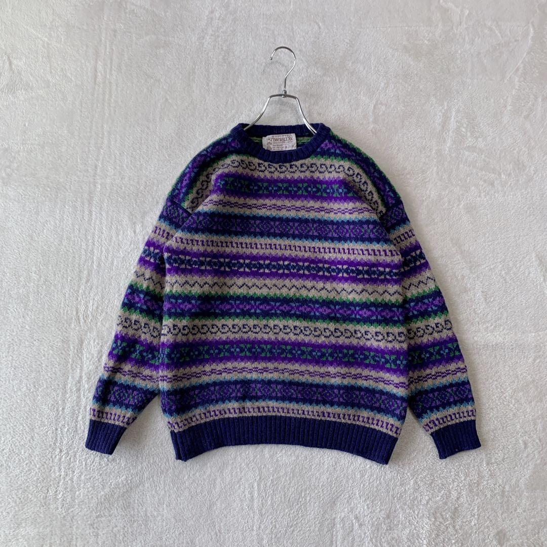 人気 スコットランド製 インバーアラン クルーネック ハンドニット 総柄 茶タグ