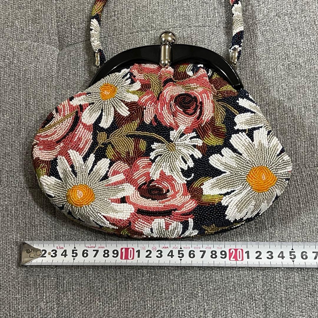 総ビーズ　ハンドバッグ 花柄　ビーズ刺繍 和装 がま口