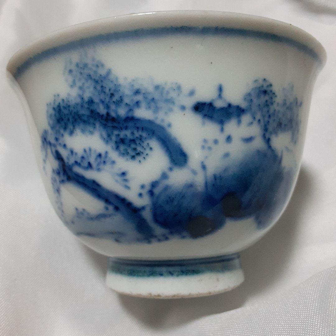 青い絵柄の白磁茶碗有田焼古伊万里染付 猪口