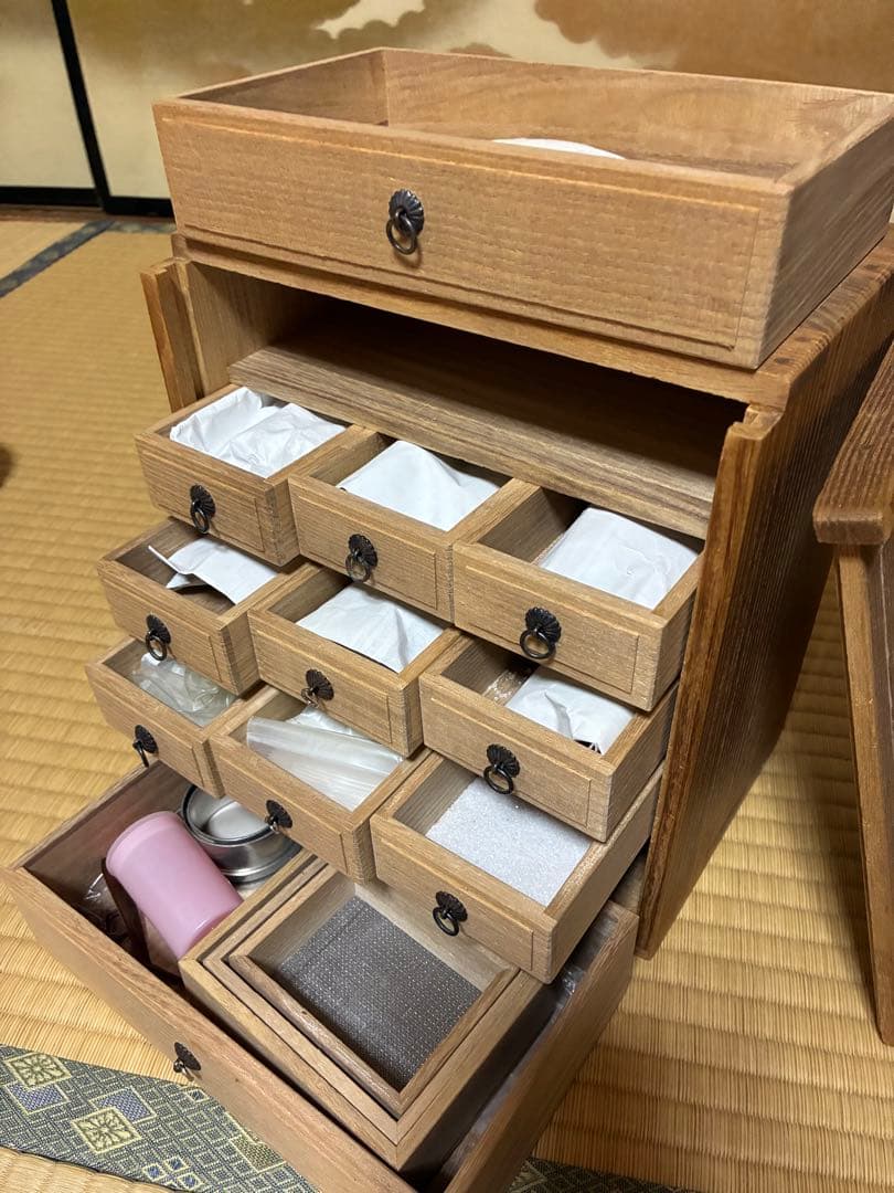 細川流倭盆石景専用　木製 道具箱　 大理石砂　各種サイズ、刷毛　道具類入