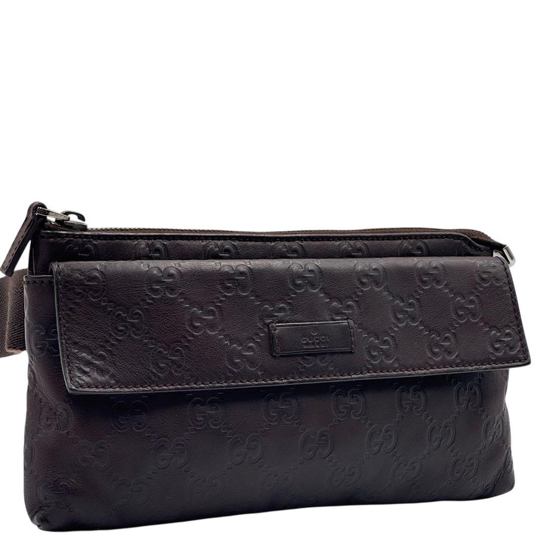 【美品】GUCCI グッチ　ボディバッグ　ウエストバッグ　GG　シマレザー