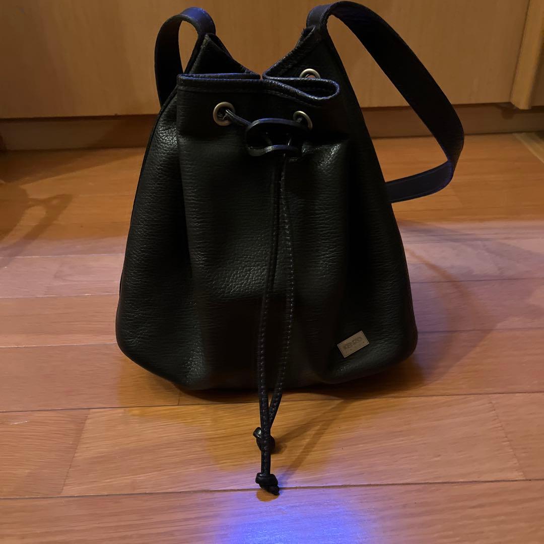KENZO 黒 レザー ショルダーバッグ 巾着 紫ステッチ