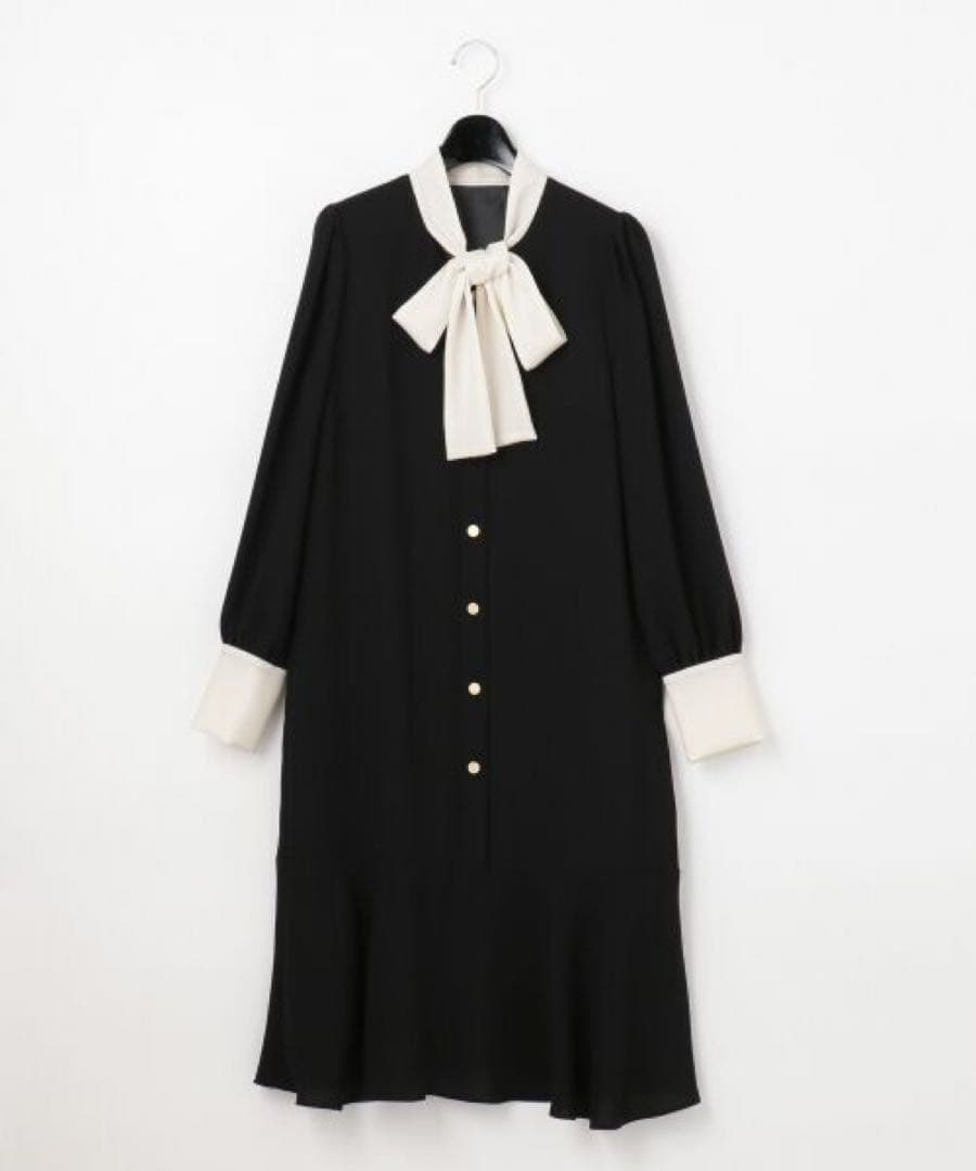 Ynaグレースコンチネンタル バイカラーヘムフレアボウタイワンピース 36