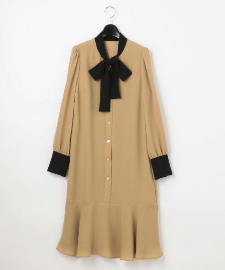 Ynaグレースコンチネンタル バイカラーヘムフレアボウタイワンピース 36