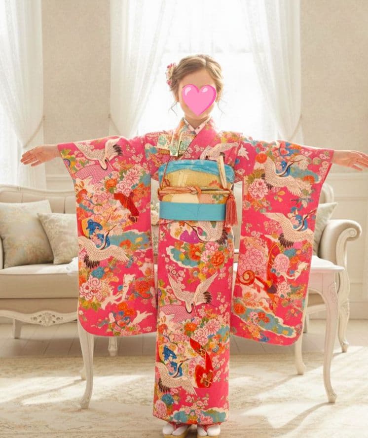 アンティークピンクに飛翔鶴の着物と作り帯☆七五三フルセット