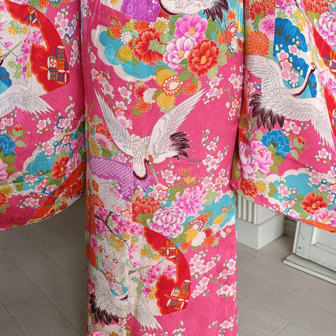 アンティークピンクに飛翔鶴の着物と作り帯☆七五三フルセット