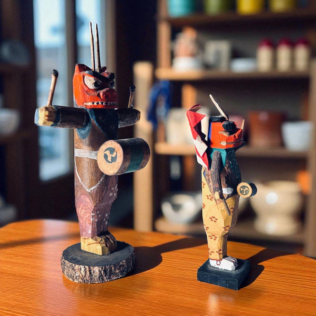 廃絶品 埼玉県飯能市 郷土玩具 大河原宏彰 丸木彫人形《獅子舞》 ×2 美楽堂