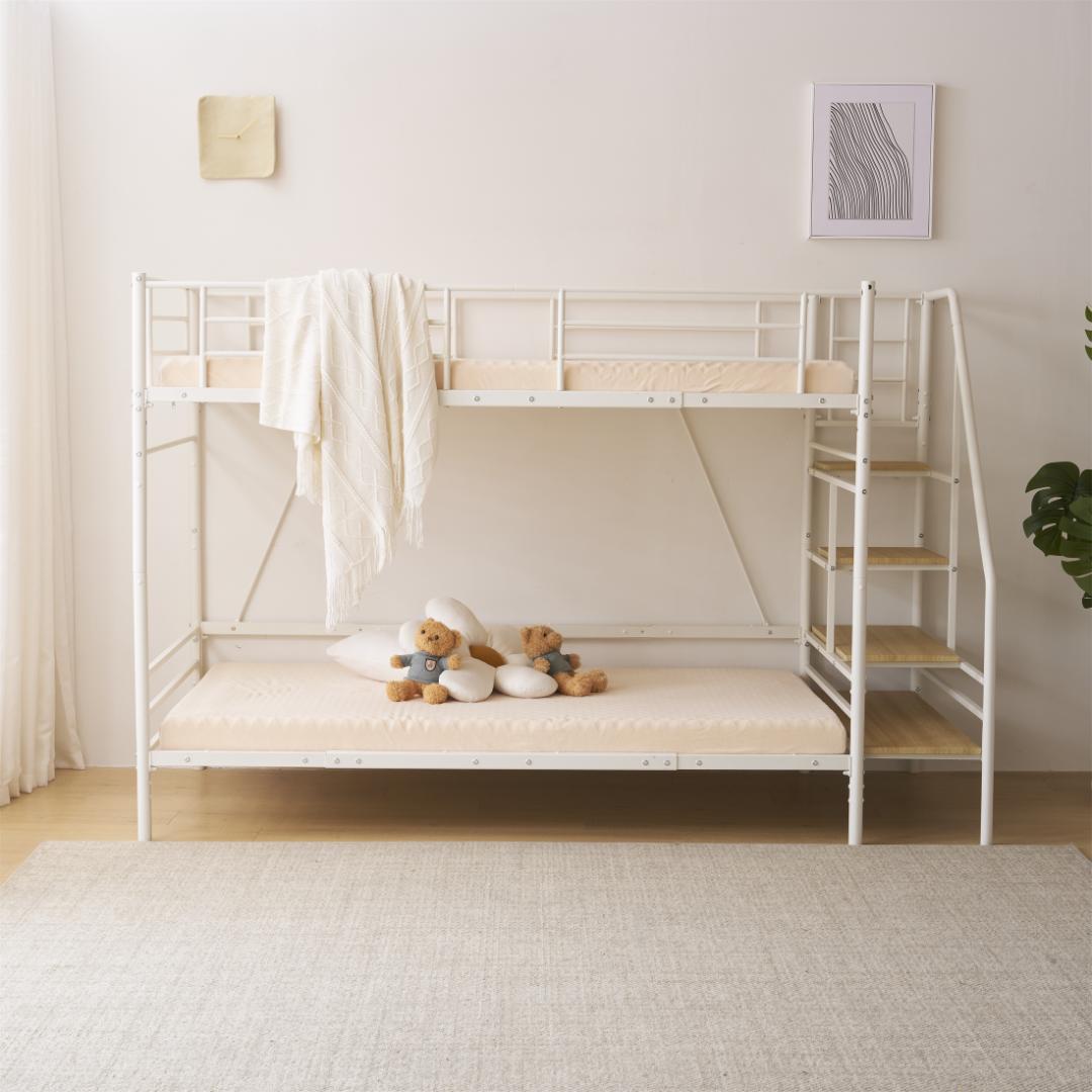 【マットレス2個付】Sロフトベッド 階段付きパイプベッド シングル 収納スチール