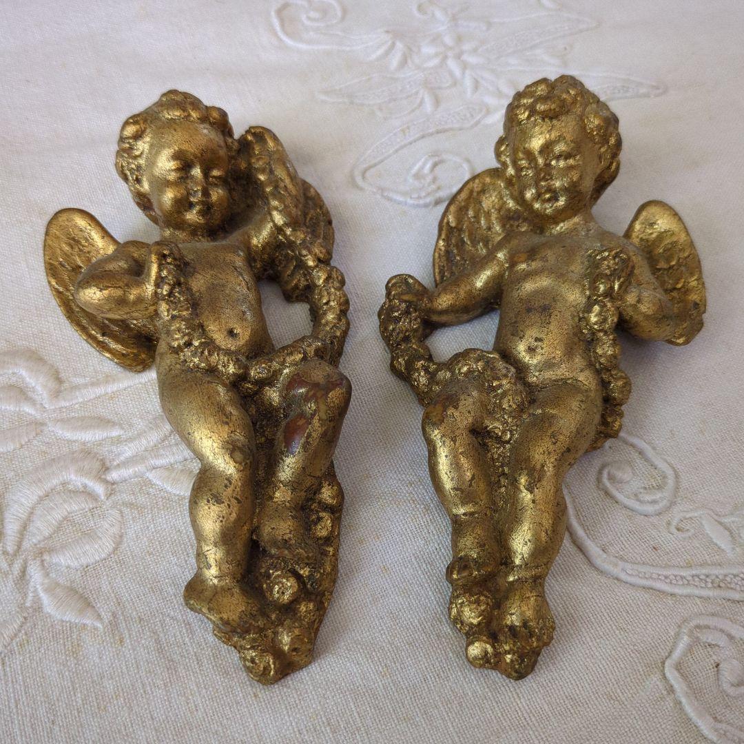 フランスアンティーク 壁飾り 天使 ペア 石膏