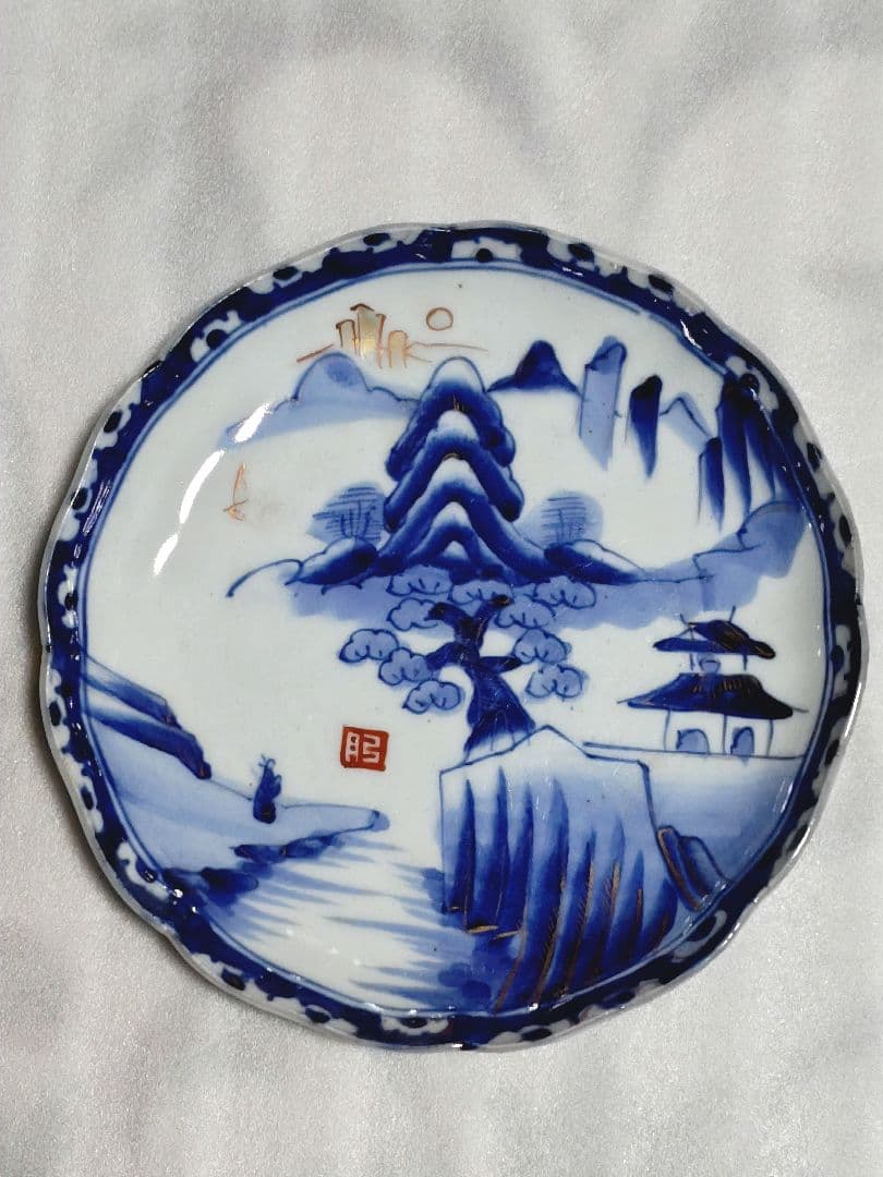 古伊万里　青磁　中皿　皿　染付　山水文　金彩　輪花　3客セット