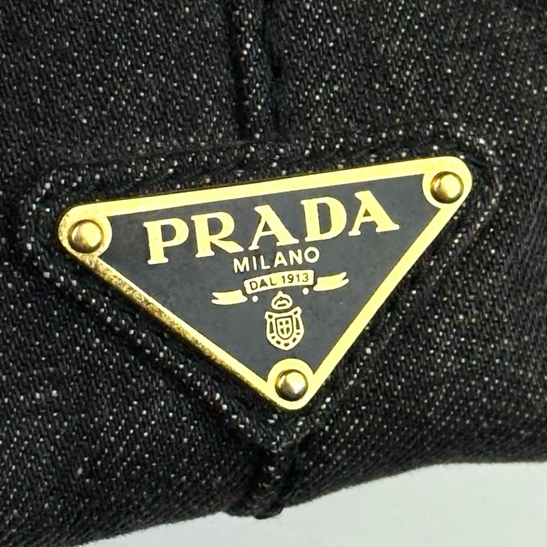 【美品】プラダ　カナパ　ハンドバッグ　三角ロゴ　ゴールド金具　デニム　グレー