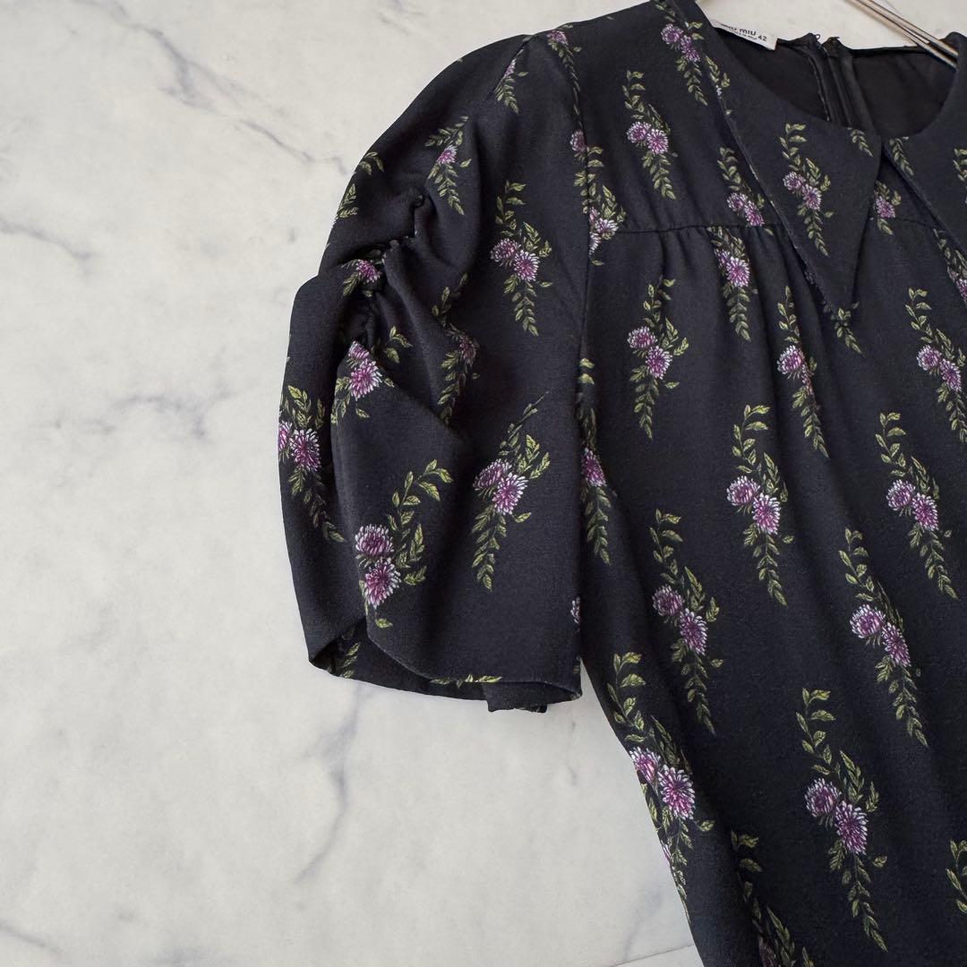 ミュウミュウ 小花柄 ワンピース フレア パフスリーブ ギャザー 襟付き 42