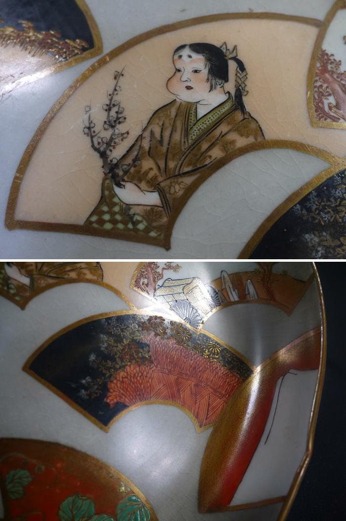 九谷焼　清閑　輪花七寸浅鉢　お福さん御所車寿老人　扇面図 清水清閑　状態良美品