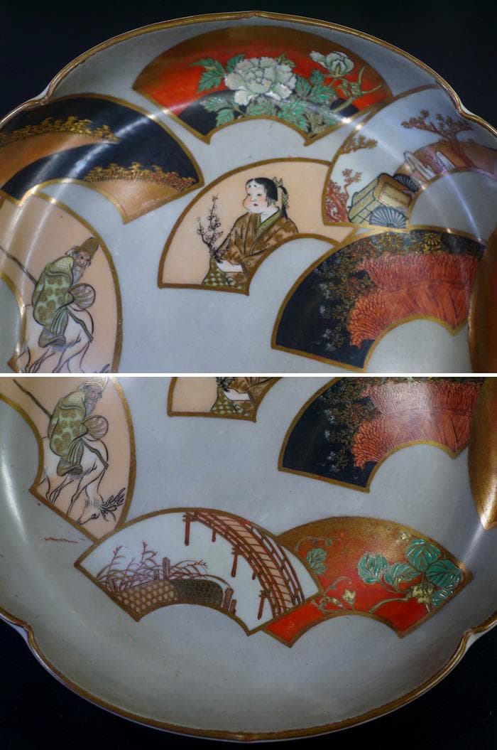 九谷焼　清閑　輪花七寸浅鉢　お福さん御所車寿老人　扇面図 清水清閑　状態良美品