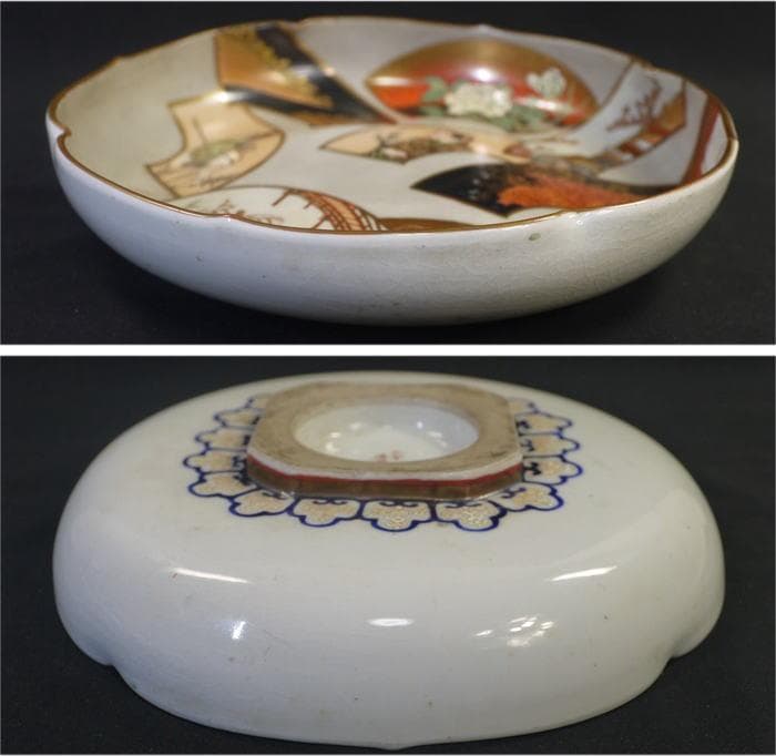 九谷焼　清閑　輪花七寸浅鉢　お福さん御所車寿老人　扇面図 清水清閑　状態良美品