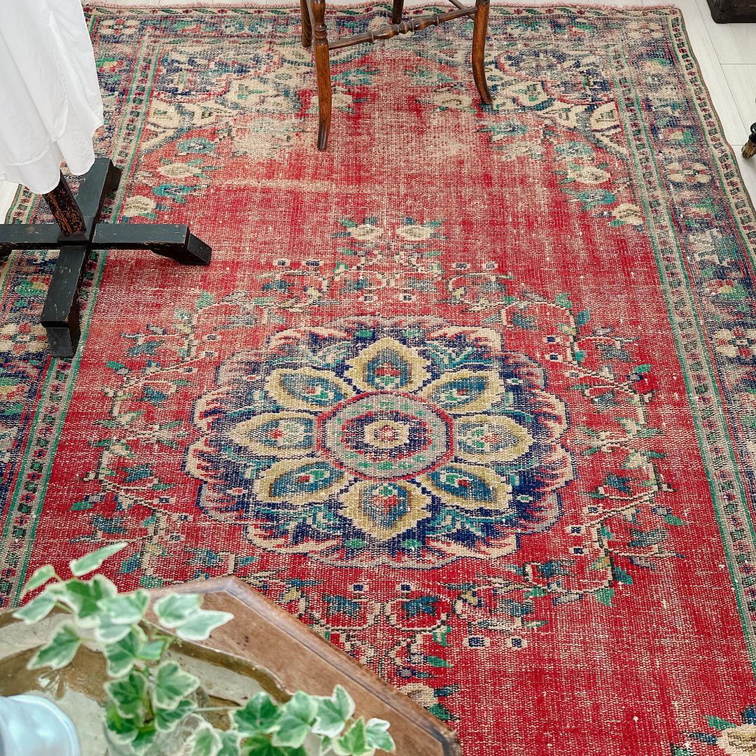 トルコ ヴィンテージラグ A89 超大判 レア レッド ターコイズ ネイビー