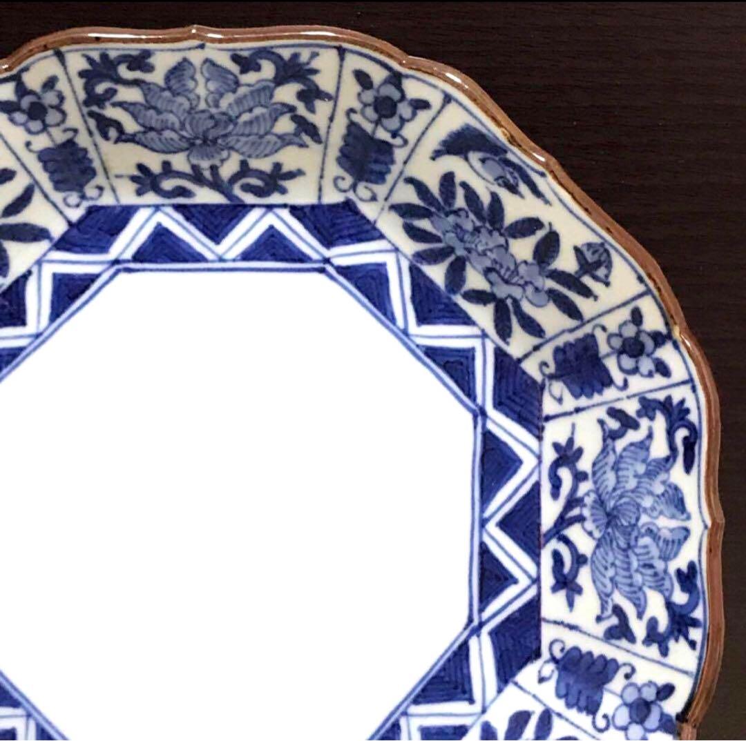未使用保管品✨清水焼 雲泉 染付間取草花紋 八角皿✨皿 加藤雲泉 中皿 雲泉