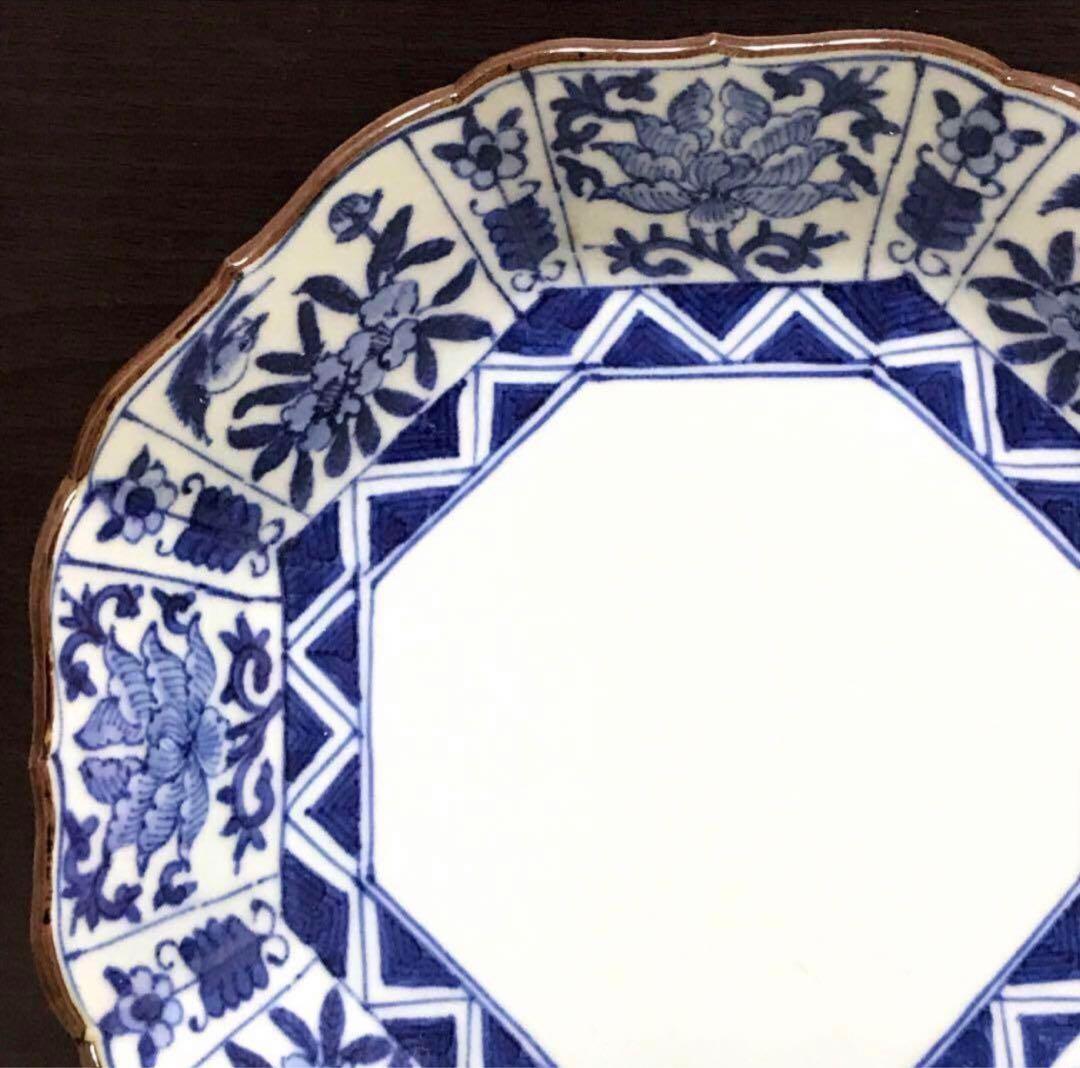 未使用保管品✨清水焼 雲泉 染付間取草花紋 八角皿✨皿 加藤雲泉 中皿 雲泉