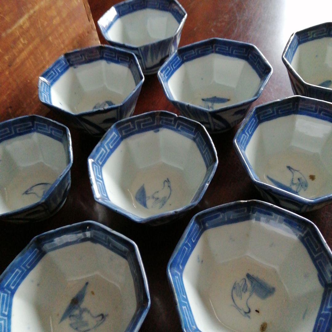 古伊万里　染付八角向付　9客　10cm　江戸中期（1700年代後半）