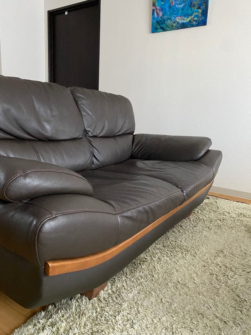 革ソファ　2.5人掛け シボ加工　茶色　日本製　ソファー　ブラウス　牛革