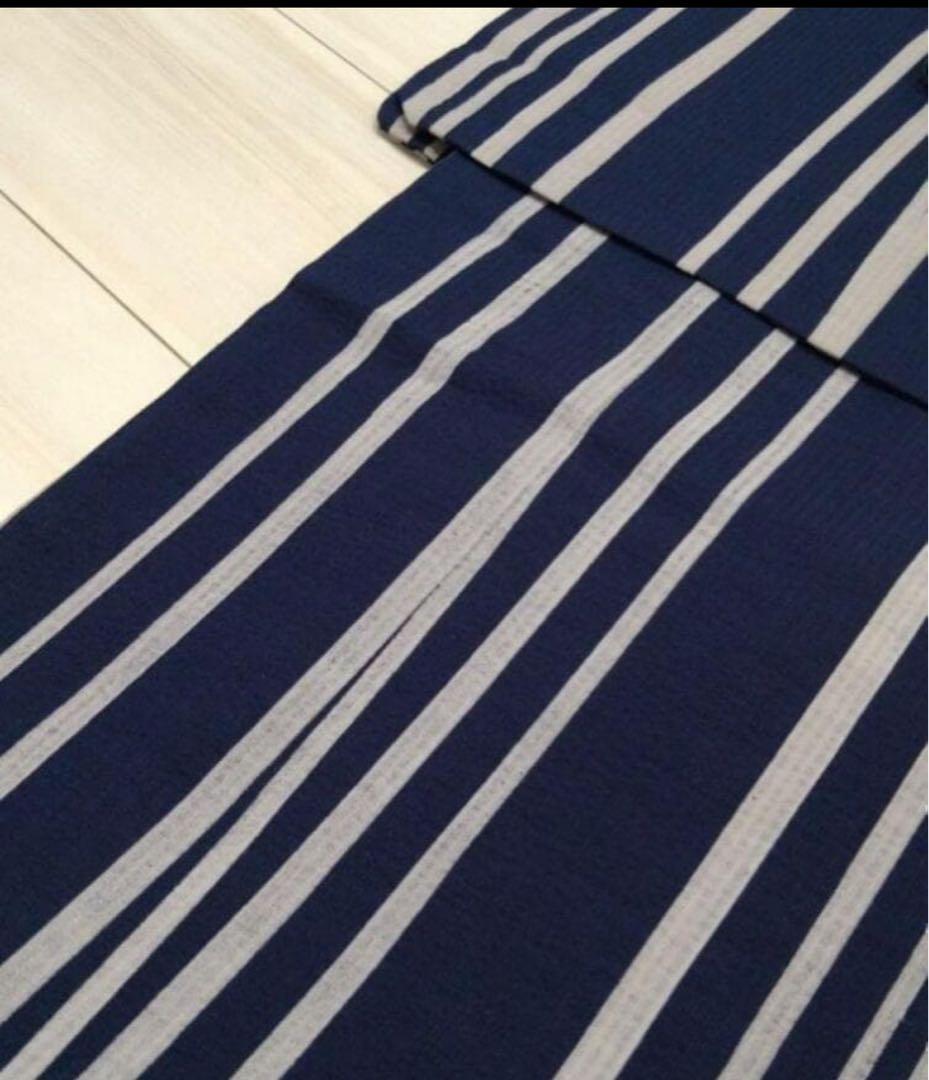 ネイビー・グレー 波縞模様 浴衣　高級しじら織