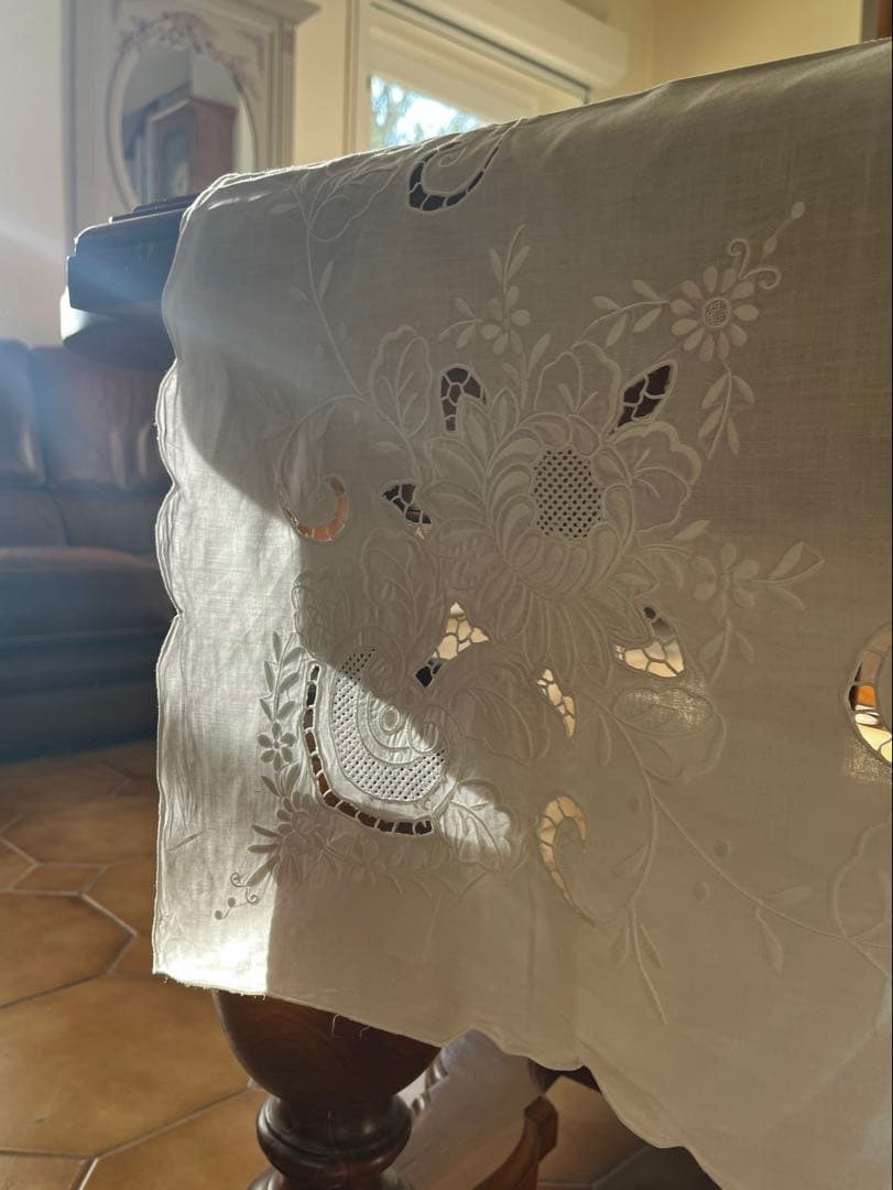 ◆フランス刺繍｜大判マルチクロスBベッドカバースプレッド白テーブルクロス草花