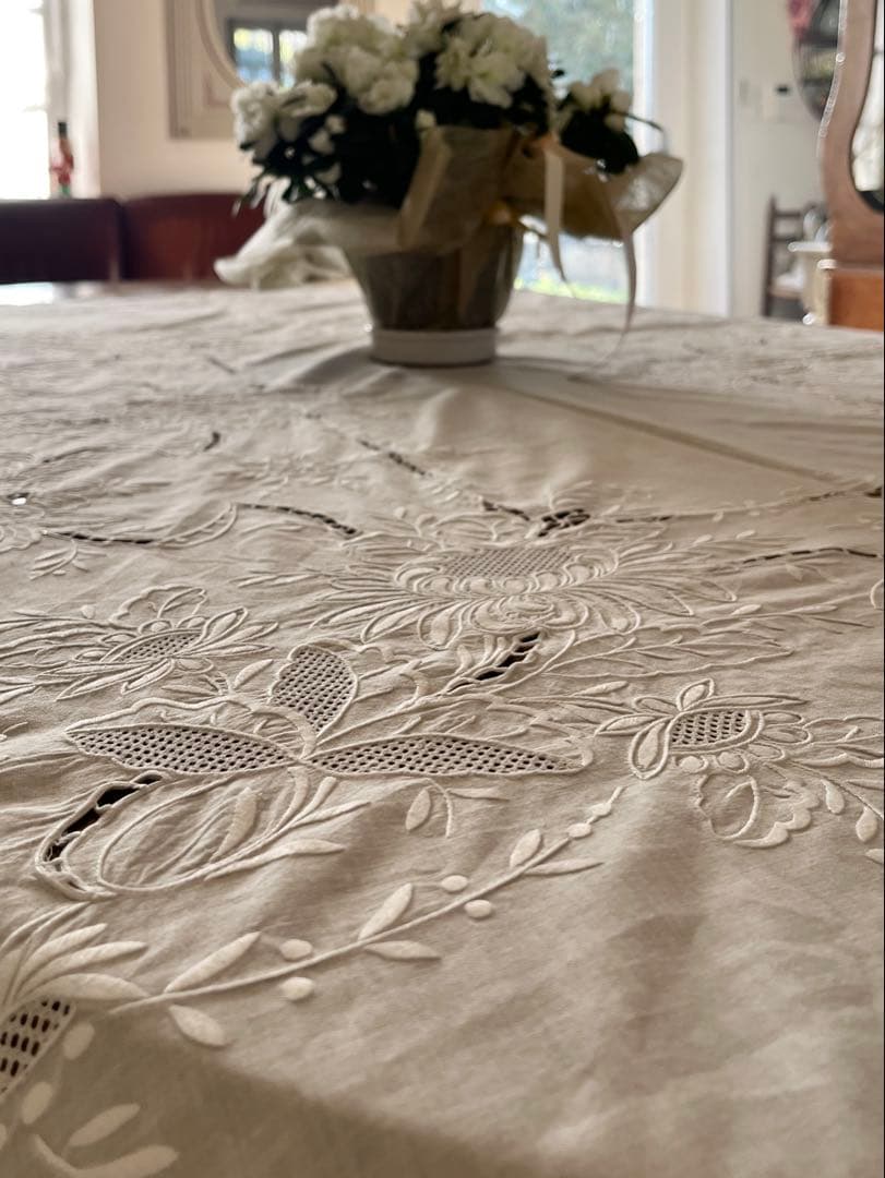 ◆フランス刺繍｜大判マルチクロスBベッドカバースプレッド白テーブルクロス草花