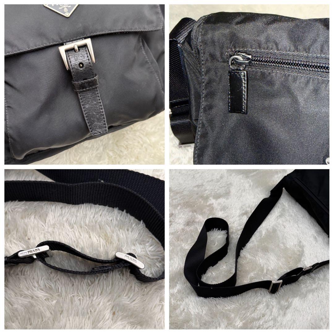 PRADAプラダ 三角ロゴ ショルダーバッグ ベルト 黒 テスート フラップ