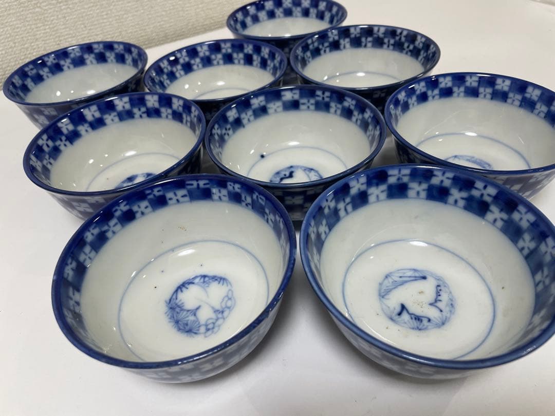 【現状品】古伊万里 青 染付 蓋付飯碗9客 レトロ アンティーク