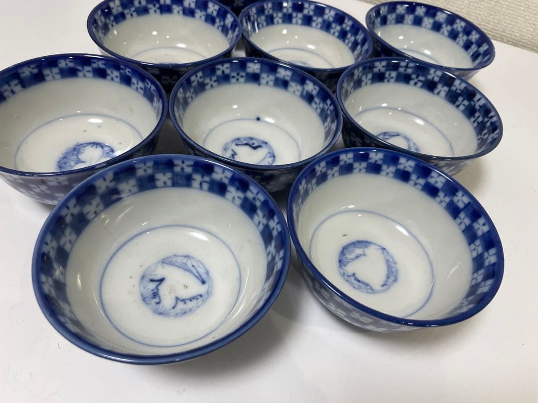 【現状品】古伊万里 青 染付 蓋付飯碗9客 レトロ アンティーク