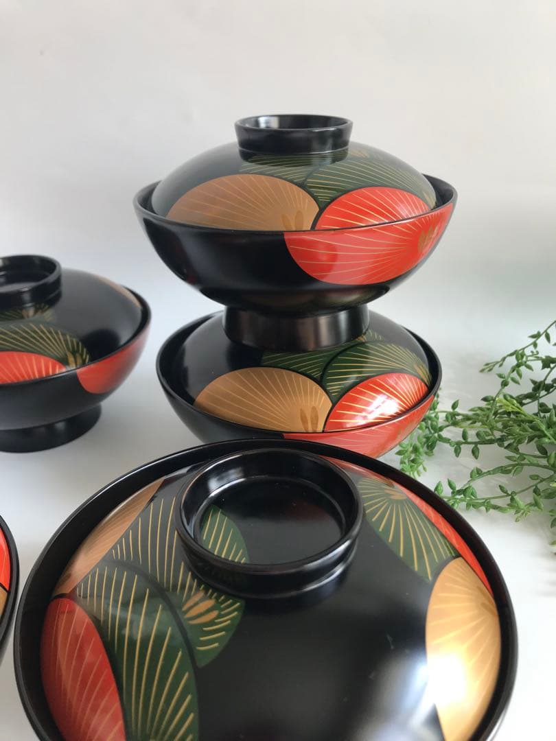 能登輪島塗 漆塗り　松蒔絵 木製　蓋付椀 煮物椀　5客セット　共箱