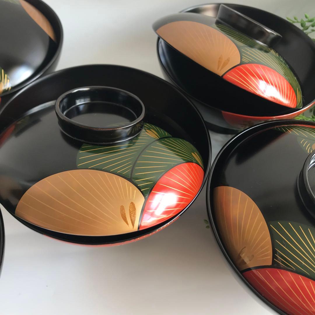 能登輪島塗 漆塗り　松蒔絵 木製　蓋付椀 煮物椀　5客セット　共箱