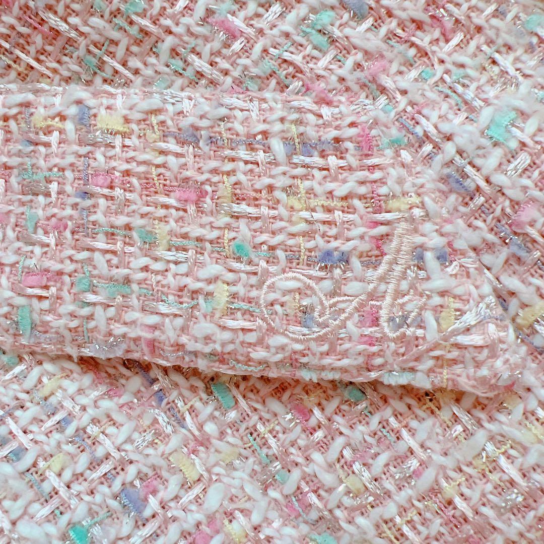 areeam ピンク系ミックスツイード長袖マキシワンピース　異素材　ベルト付き