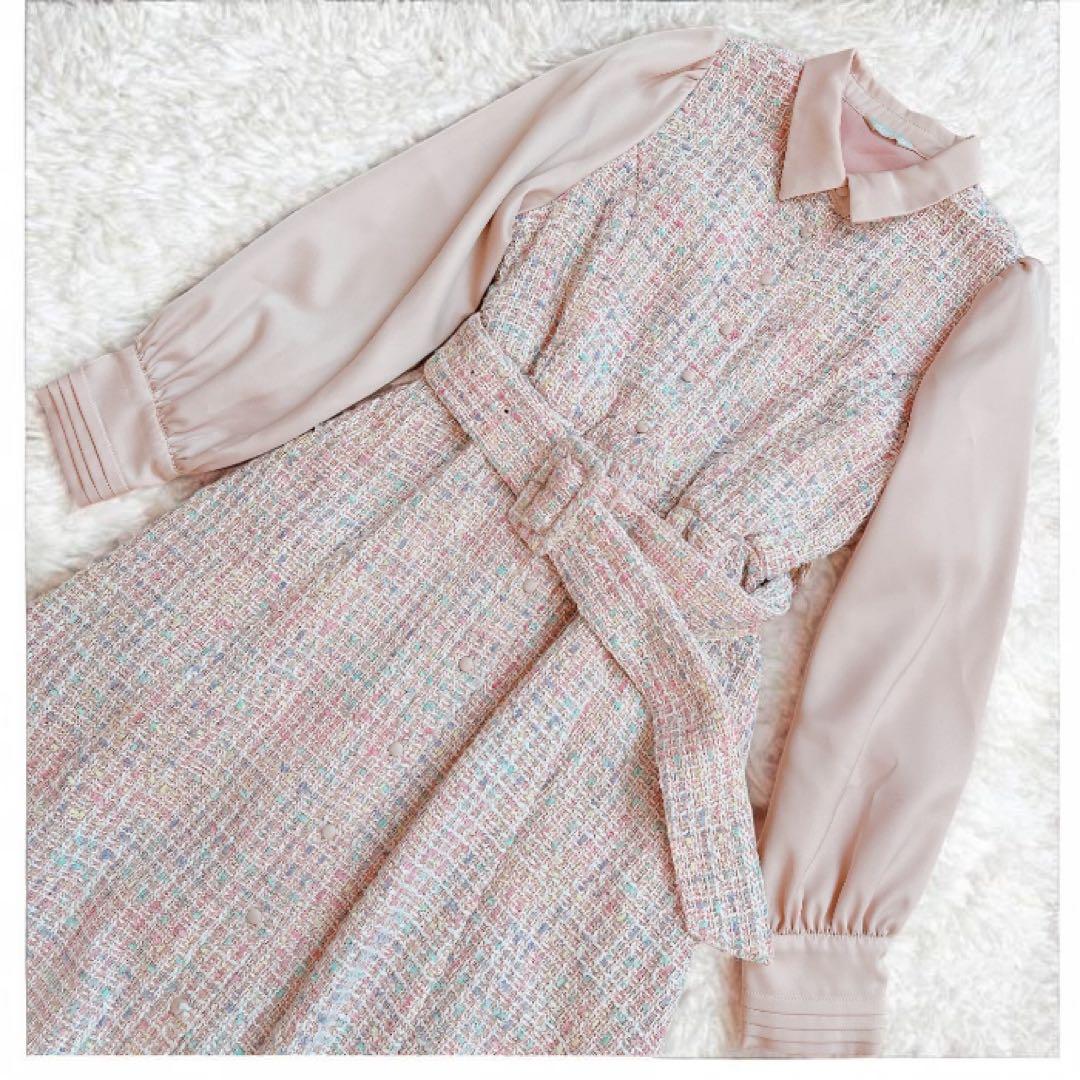 areeam ピンク系ミックスツイード長袖マキシワンピース　異素材　ベルト付き