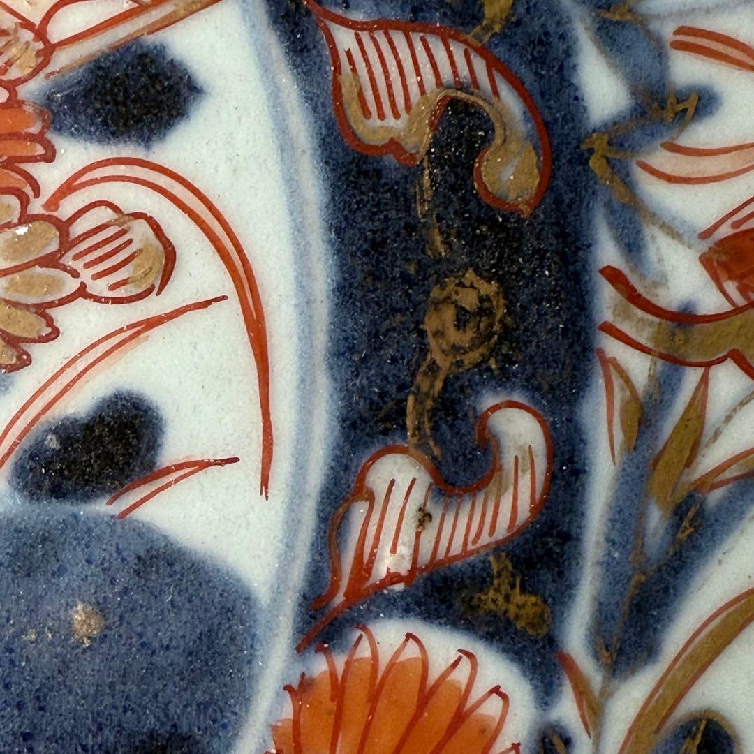 元禄伊万里　色絵花鳥図七寸皿　建築物　金蘭手　赤絵　裏椿文　状態◎　蒐集家旧蔵品