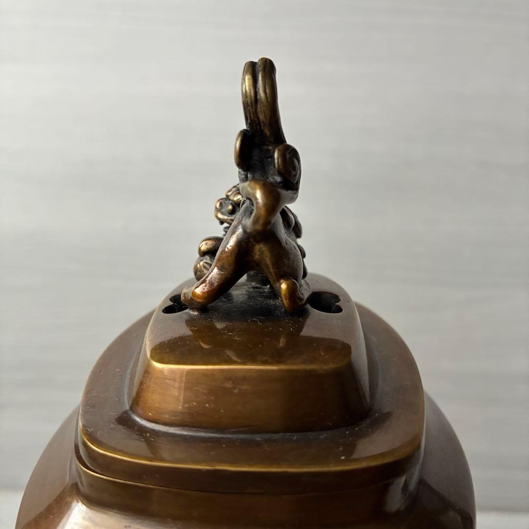 香炉　青銅製　獅子　孔雀　三足　高岡銅器　瑞峰作　茶道具　香道具　お香付き