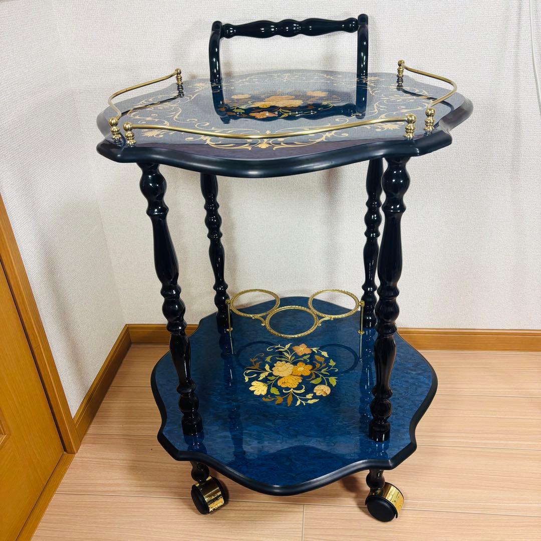 イタリア製 象嵌細工 サービスワゴン キッチンワゴン ワインテーブル ブルー