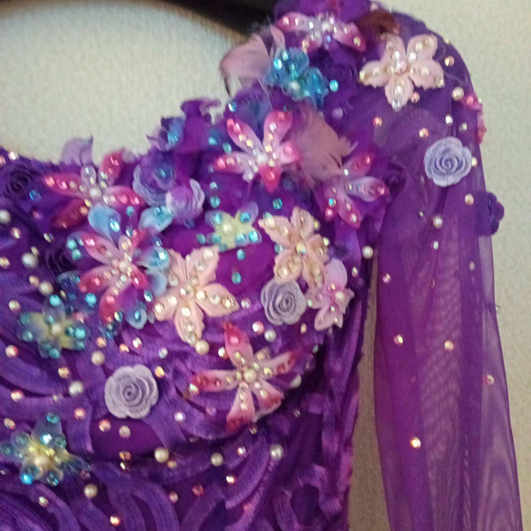 紫色 フラワー刺繍付き ダンスドレス　社交ダンス